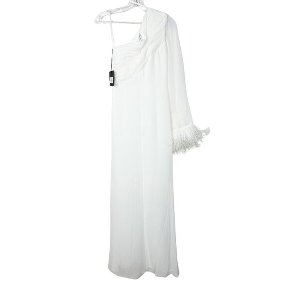 NWT Mac Duggal Feather Cuff One Shoulder Ruched Gown White 6 #9603 #9644 - Picture 6 of 9
